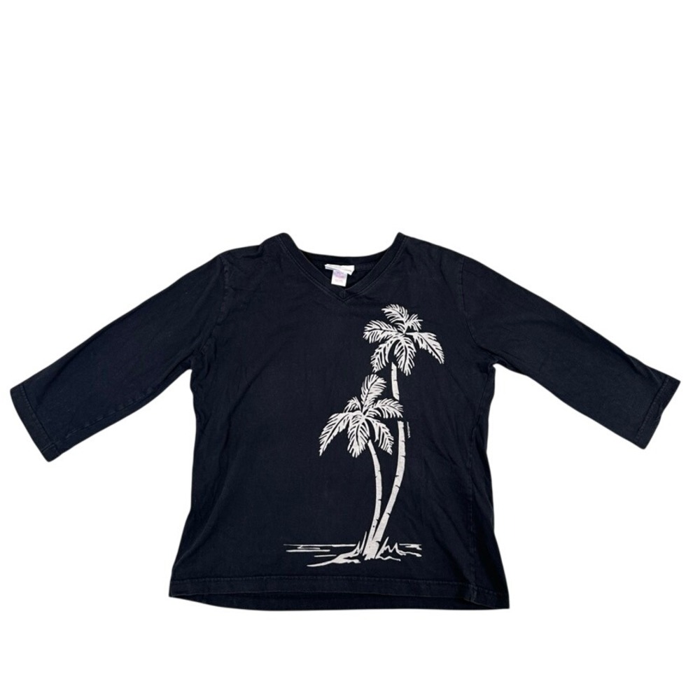 Marushka Black Cotton Hand Printed Palm Tree V-Neck 3/4 Sleeve Top Large